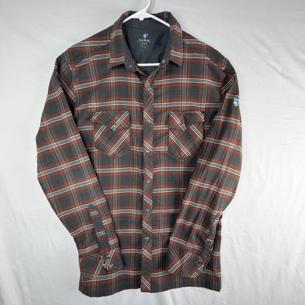 KUHL Flannel Shirt Large Charcoal Orange Plaid Snap Front Long Sleeve Mens